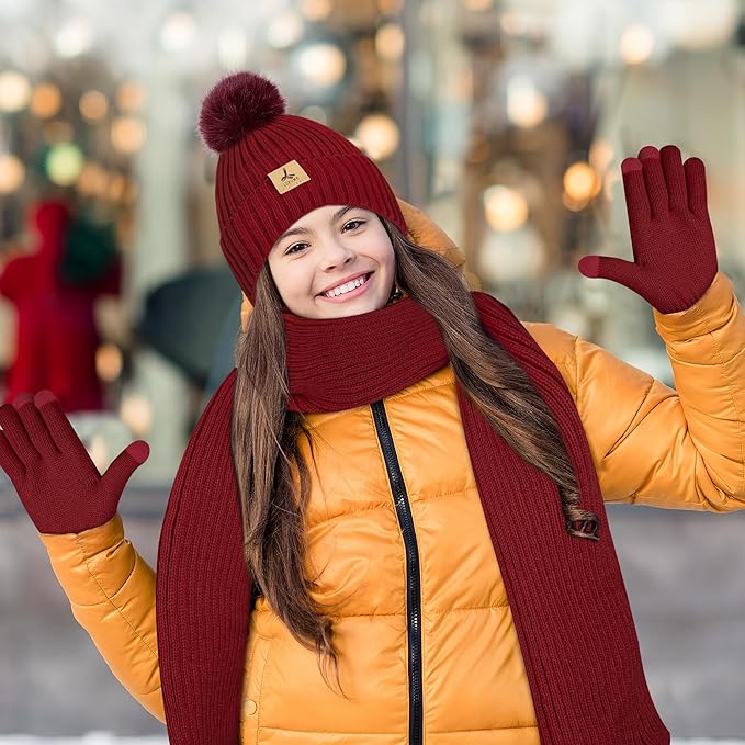 LOROME Women Winter Beanie Hat Scarf Gloves Set, Fleece Knitted Pompom Hat Warm Neck Scarf Touchscreen Gloves Winter Gift