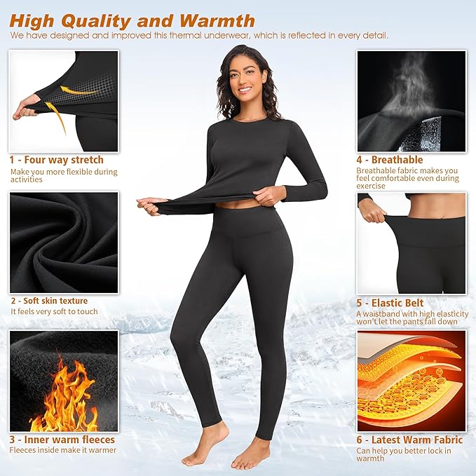Thermal Underwear Women Long Johns Set Fleece Lined Warm Base Layer Long Sleeve for Weather Top Bottom Pajama