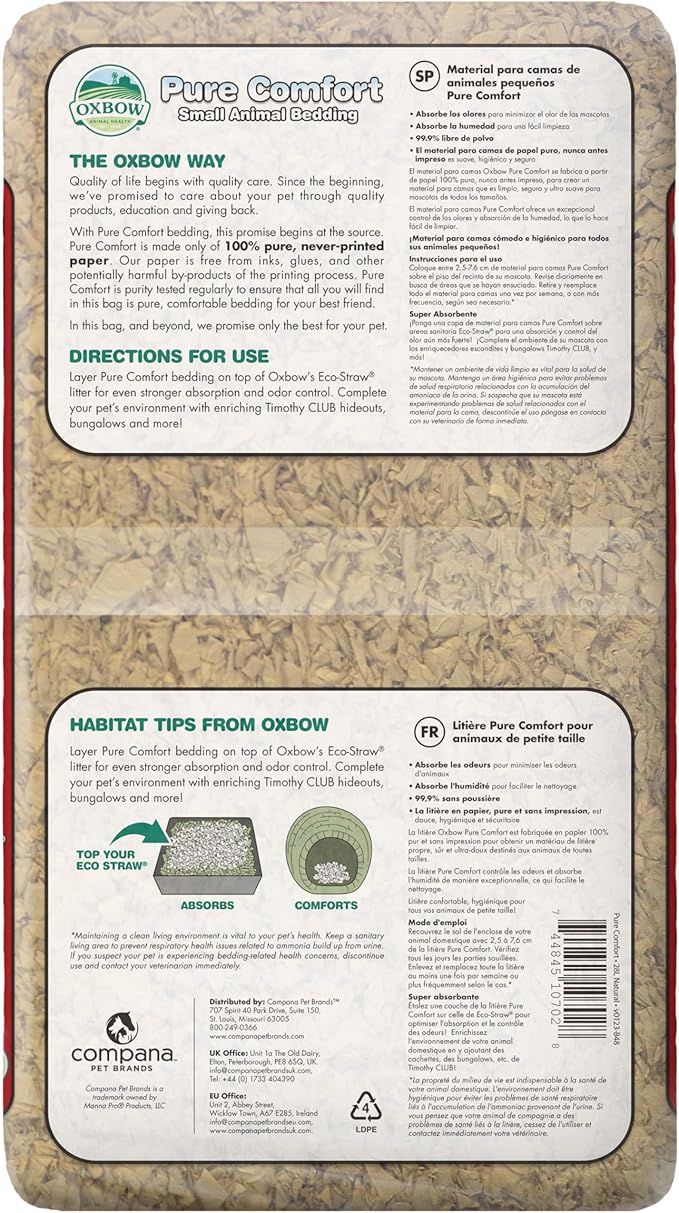 Oxbow Small Animal Bedding, Hamster, Guinea Pig, Rabbit, Natural, USA, 28 L | Pure Comfort, Hamster Bedding, Guinea Pig Bedding, Low Dust, Virgin Paper, Litter Box, Bunny, Rats, Gerbils, Chinchillas