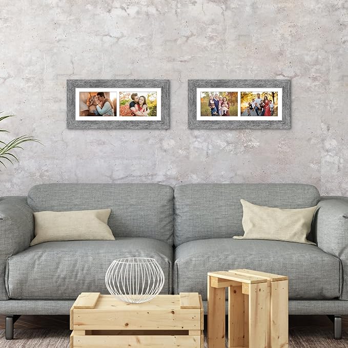 6x15 Picture Frame Display 2 opening 5X7 Double Picture Frame Collage,Multi Photo Frame with Mat,Plexiglass,Horizontal and Vertical Formats for Wall Decor,Grey Wood Grain