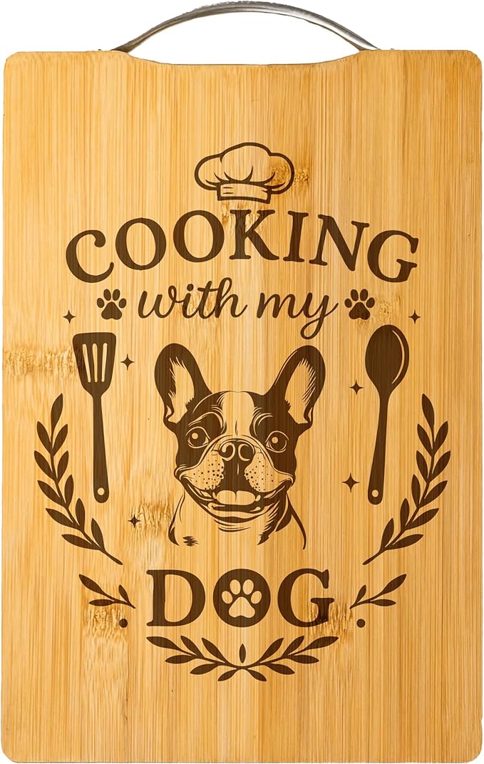 Engraved Bamboo Cutting Board, Gift for Dog Lovers, Handmade Kitchen Decor, Unique Personalized Dog Gift – Cooking with My Dog (French Bulldog)