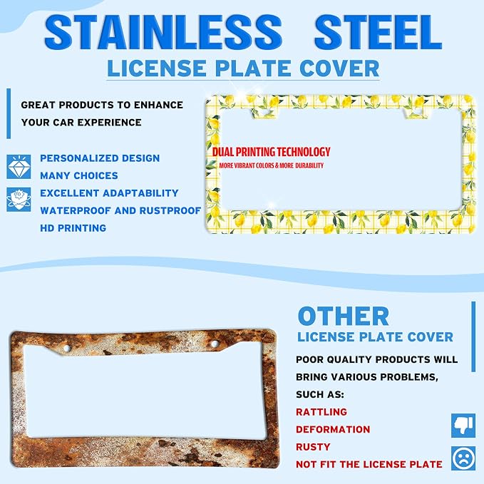 Yellow Lemon Fruit License Plate Frame Stainless Steel 6.3 X 12.2 Inch | Fits US Standard With Screws Rust Resistant For Car Front Rear Decoration Accessories Easy Installation For Cars SUV Truck