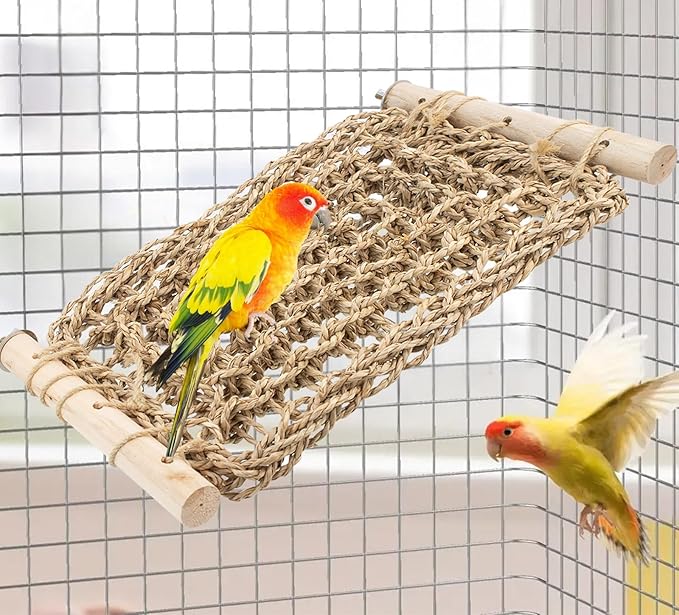 FlidRunest Conure Ladder Perch for Cage, Bird Seagrass Ladder Bridge Exercise Stands, Natural Hand-Woven Parrot Net Climbing Chewing Hammock, Cage Accessories