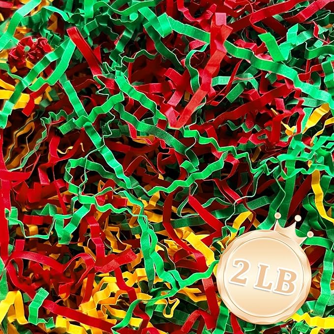 Zankubom 2 LB Crinkle Cut Paper Shred Filler Great for Gift Wrapping, Basket Fillers, Birthday, Gift Wrapping, Anniversary, Halloween Christmas Party Decor Filling Supplies Golden Green Red