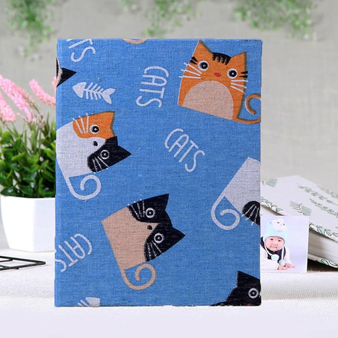 Small Photo Album for Kids, 100 Pockets 4x6 Bookshelf Baby Picture Album, Slip-in Linen Cover Photo Book for Family(Kitty)