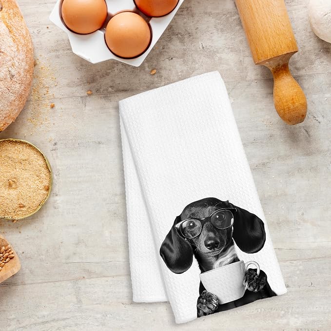 Funny Dachshund Coffee Kitchen Towels, Dachshund Gifts for Women, Sausage Wiener Dog Gifts Decorative Dish Hand Tea Towels for Kitchen Coffee Bar Decor, 16x24 Inch