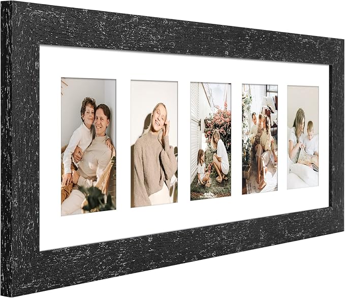 8x24 Picture Frame Display 5 opening 4X6 Picture Frame Collage,Multi Photo Frame with Mat,Plexiglass,Wall or Tabletop Decor,Black Wood Grain