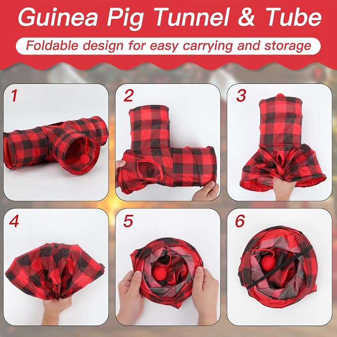 Rypet Guinea Pig Tunnel Hideout 3-Way Collapsible Small Pet Tubes, Red | 3 Way Design for Exploration, Collapsible for Easy Storage, Built-in Play Ball, Hiding & Resting for Hamsters Ferrets