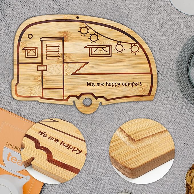 Happy Camper Bamboo Large Cutting Board, Rv Wooden Stove Top Cover Noodle Board,Meat Cutting Board for BBQ, Carving Board for Turkey,Large Charcuterie Board,RV Kitchen Decoration