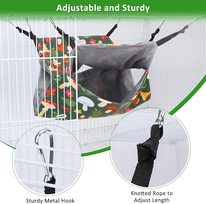4 Pack Ferret Hammock Set for Cage Comfort Rat Bedding Accessories | Soft Small Animal Hanging Hammock Hideaway Tunnel Toys Cage Accessories for Guinea Pig Hedgehog Sugar Glider Green Mushroom