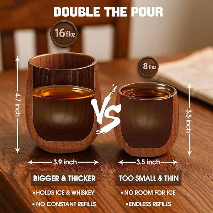 Wooden Bourbon Drinking Glass | Bourbon Gifts for Men | Large Old Fashioned Glass | 16 oz Wooden Whiskey Tumbler | Birthday Whiskey Gifts for Men, Husband, Dad or Brother (2 Pack)