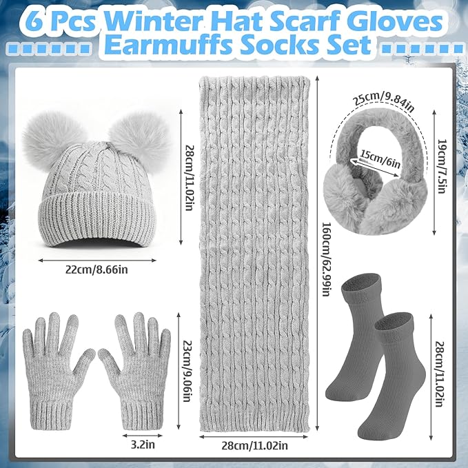 Geyoga 6 Pcs Winter Warm Fleece Knit Hat Long Scarf Touchscreen Gloves Ear Muffs Socks Sets, Winter Warm Gifts for Women