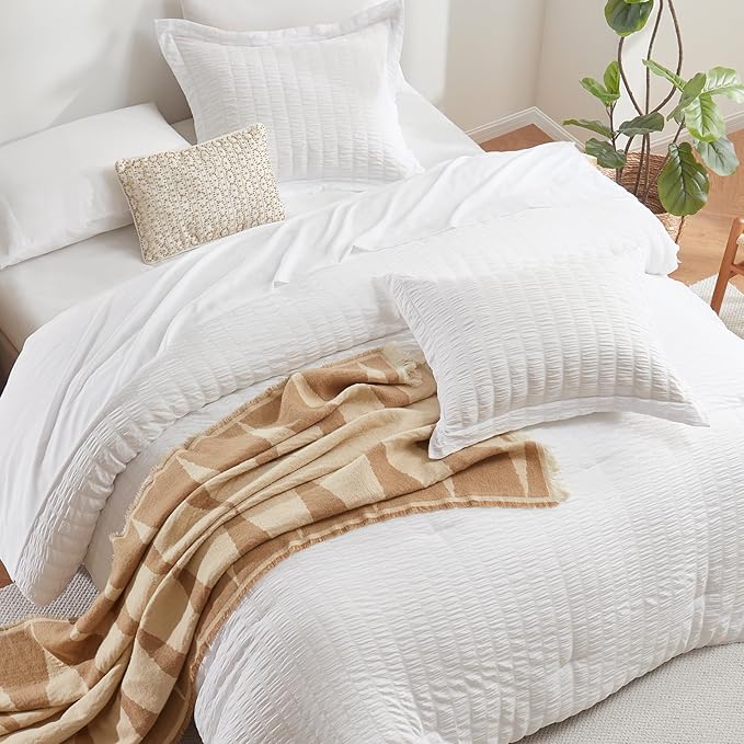CozyLux Oversized Queen Comforter Set White Seersucker 7 Pieces 98x98 Bed in a Bag Comforter Set with Sheets, Luxury Soft Bedding Sets with Down Alternative Comforter, Sheets, Pillowcases & Shams