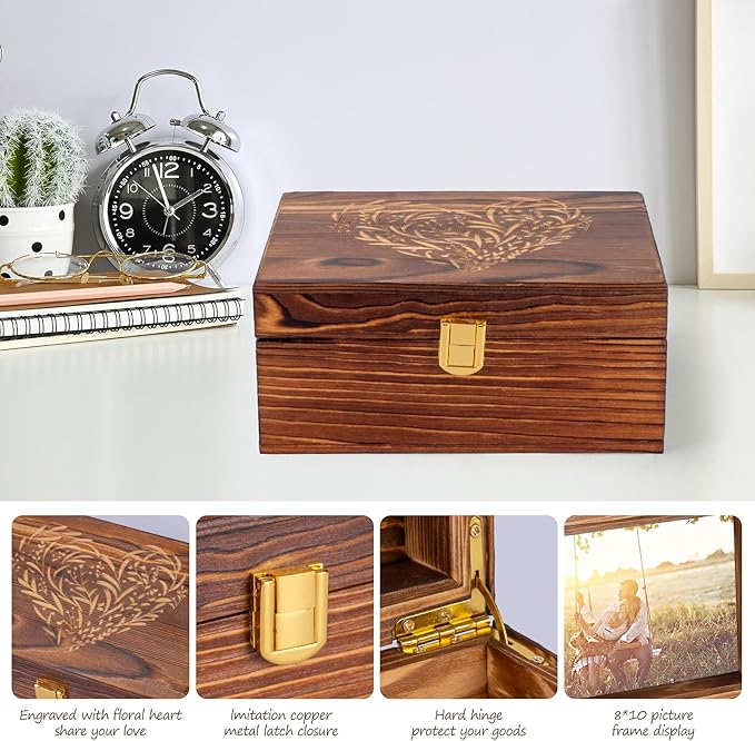 Small Wooden Memory Keepsake Boxes With Hinged Lids and a photo frame inside the lid - Decorative Storage Box With a Hinge Lids For Picture Letter Time Capsule - Wooden Gift Boxes，3.1“*5.1”*7.1“ Carbo