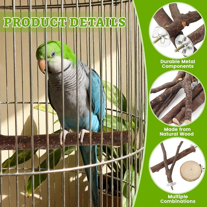 8 Pack Bird Perch, Natural Apple Wood Platforms, Hardwood Branches Cage Accessories for Parakeets, Cockatiels, Lovebirds and Other Small Birds
