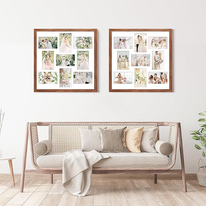 17x17 Collage frame with 9 Openings 4X6 Pictures, Multiple Picture Frame with Mat, Wall or Tabletop Decor, Carbonized Brown Wood Grain,2 Pack