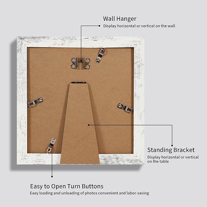 iRahmen 8x8 Picture Frames Set of 4 with Real Glass, Distressed White Frame Display 6x6 Pictures with Mat or 8 x 8 Without Mat, Wood Square Photo Frame for Wall Mount and Tabletop Display