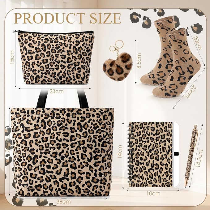 Talltalk 6 Pcs Leopard Gifts for Women Leopard Print Gift Set, Socks Canvas Bag Makeup Bag Spiral Notebook Ballpoint Pen and Artificial Fur Keychain for Christmas Birthday Graduation Thanksgiving