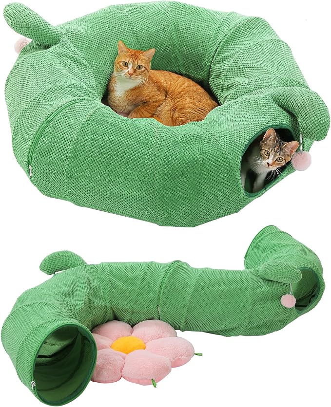 PEQULTI Flower Donut Cat Tunnel Bed Washable Plush Mat Multi for Small Pets | Round play tube with soft detachable plush mat, multi-pet toy fit indoor cats, kittens, puppies, rabbits and ferrets