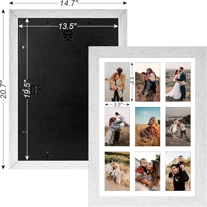 13.5x19.5 Picture Frame Display 9 opening 4X6 Picture Frame Collage,Multi Photo Frame with Mat,Plexiglass,Wall or Tabletop Decor,Distressed White Wood Grain