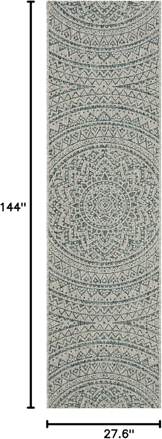 SAFAVIEH Washable Rug Outdoor Courtyard Collection - 2'3" x 12' Runner, Light Grey & Teal, Non-Shedding & Easy Cleaning, Ideal for Patio, Entryway, Mudroom, Hallway, Kitchen (CY8734-37212)