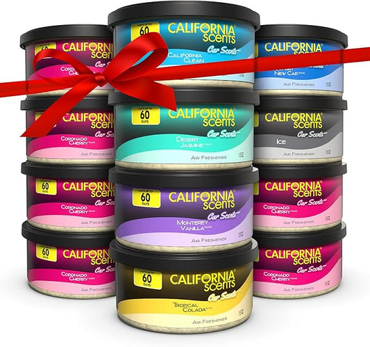 California Scents Can Air Freshener and Odor Neutralizer, Set of 12 Spillproof Cans for Home and Car, Stocking Stuffers, Assorted Scents, 1.5 Oz Each (Packaging May Vary)