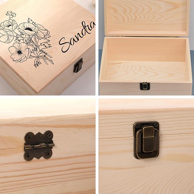 Personalized Wooden Keepsake Memory Box with Birth Flower & Name, Custom Wood Decorative Storage Box with Lids Customized Christmas Gift Box for Women Teen Girls Mom Birthday Gifts