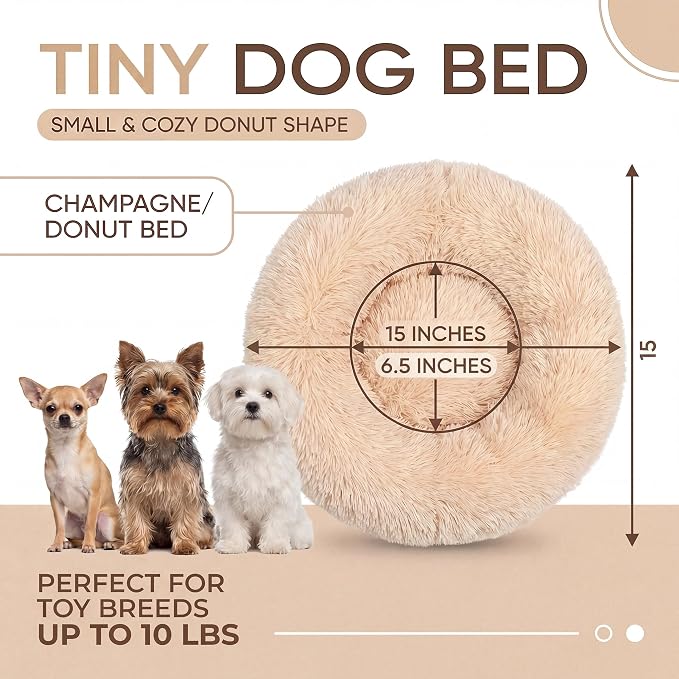 Tiny Dog Bed for Extra Small Dogs for Chihuahua Pomeranian Toy Poodle | 15 Inch Washable Puppy Bed,Soft Faux Fur Calming Donut Bed,Light Brown