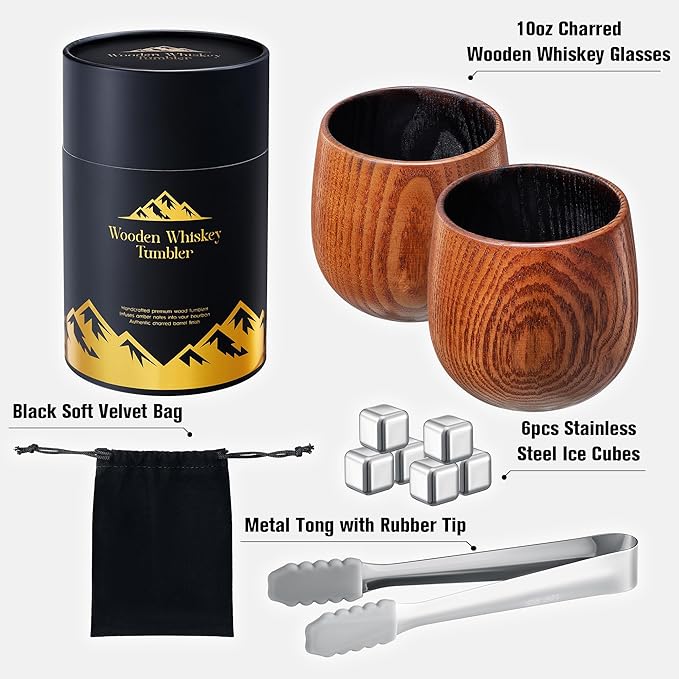 Charred Wooden Bourbon Drinking Glass, 2 Handcrafted Whiskey Tumblers | Bourbon Gifts for Men | Charred Old Fashioned Glass | Unique Whiskey Gifts for Men, Dad, or Brother - Includes 6 Metal Ice Cubes