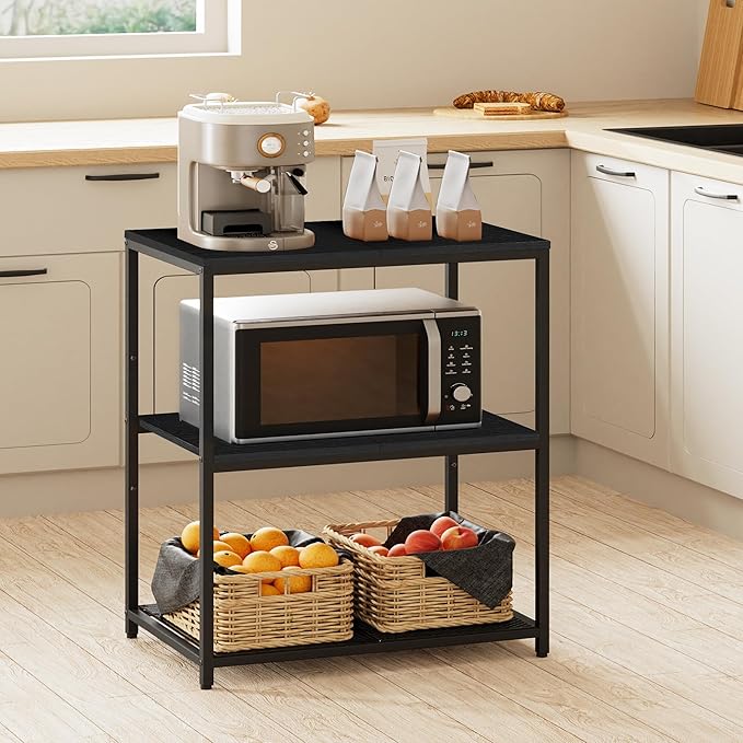 Homleke Kitchen Island with 3 Shelves, Kitchen Shelf with Large Workstation, Bakers Rack, Workbench, Metal Frame, Black