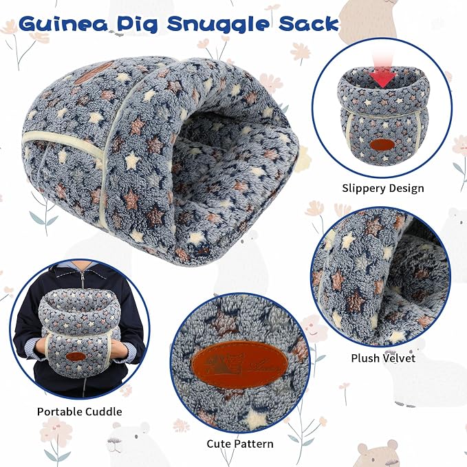 YUEPET Guinea Pig Bed, Warm Fleece Slipper Cuddle Cave, Grey Star | Cozy Guinea Pig House, Portable Guinea Pig Hideout, Soft Coral Fleece, Washable Cushion, Folds Flat