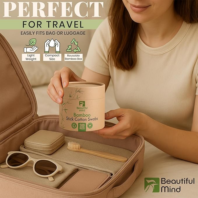 Bamboo Cotton Swabs 500 Pack - Natural Swabs for Ears, Makeup & Cleaning - Carbonized Bamboo Sticks with Soft Buds - Travel Size Q Gentle Tips - Precision Ear Cleaner Swabs