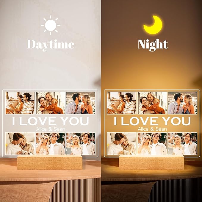 Personalized Picture Frame with Photo, Customized Photo Frame with Night Light, Custom Picture Frames, Personalized Anniversary Christmas Gifts for Women Men Her Him Girlfriend Boyfriend Couple