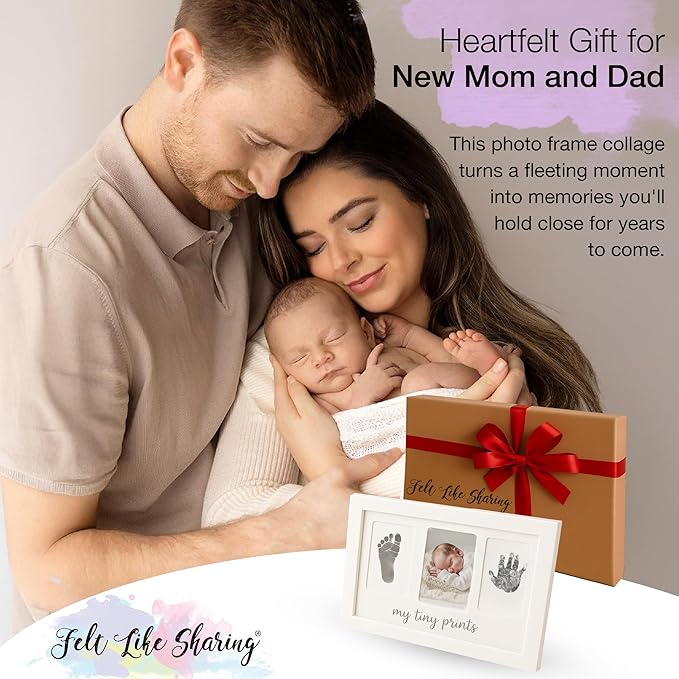 Felt Like Sharing My Tiny Prints Newborn Baby Handprint and Footprint Kit – Photo Keepsake Frame with Ink Pad for Baby Hand and Footprints – Great New Parent Present – 17” L x 9.5” H (White)