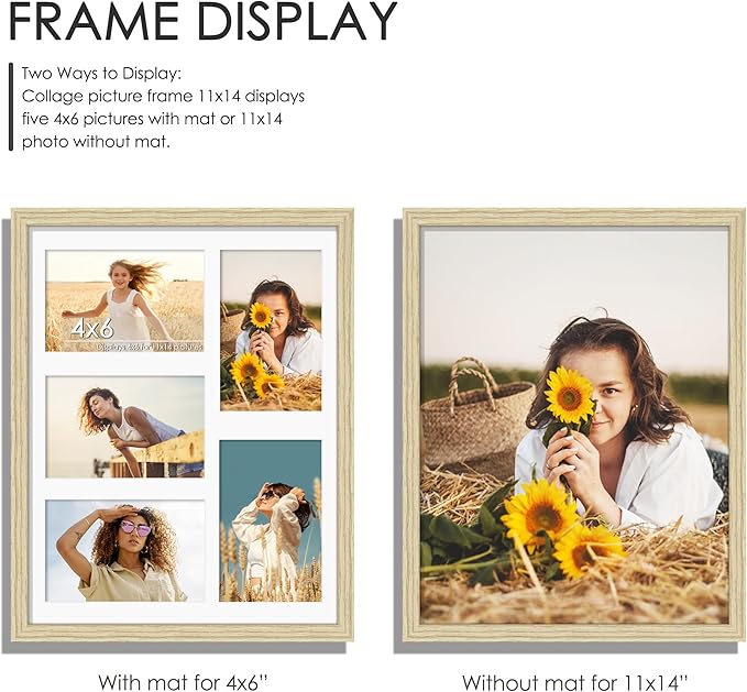 11x14 Collage Picture Frame 4x6 Collage Picture Frame Displays Five 4x6 inch Photos or 11x14 (Without Mat) Wall Decor Wall Hanging or Tabletop Wood Color