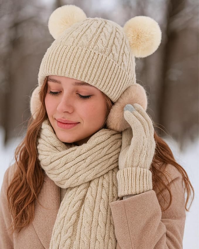 Geyoga 6 Pcs Winter Warm Fleece Knit Hat Long Scarf Touchscreen Gloves Ear Muffs Socks Sets, Winter Warm Gifts for Women