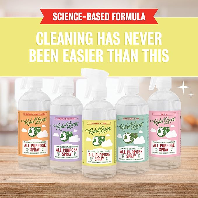Rebel Green Natural All-Purpose Cleaning Spray - Plant-Based Multi-Surface Cleaner with Essential Oils for Kitchen, Bath, Countertops and More - Peppermint & Lemon Scent - 16 oz - 1 Pack