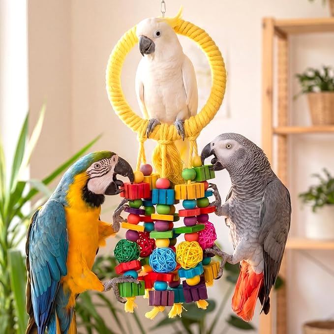 Parrot Chew Toys for Medium & Large Birds (Such as Macaws, African Grey Parrots, and Various Amazon Parrots). The Colorful, Natural Wooden Cage Parrot Toys for Large Birds.