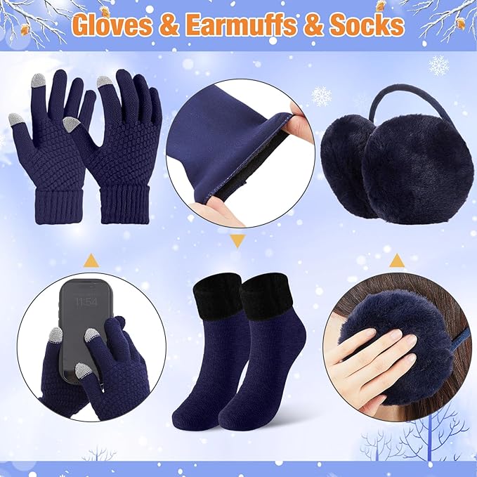 SATINIOR 5 Pcs Winter Hat Scarf Gloves Set Fleece Warm Lined Knit Beanie Hat Touch Screen Earmuff Gloves Warmer for Women(Navy Blue,Cool Style)