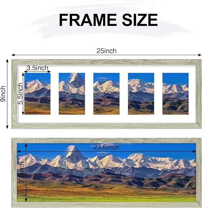 Vittanly 8x24 Collage Picture Frame, Displays 5Pcs 4x6 Pictures with Mat or 1Pcs 8x24 without Mat, Picture Frames Collage Wall Decor for Horizontal or Vertical Display, Driftwood, 1 Pack