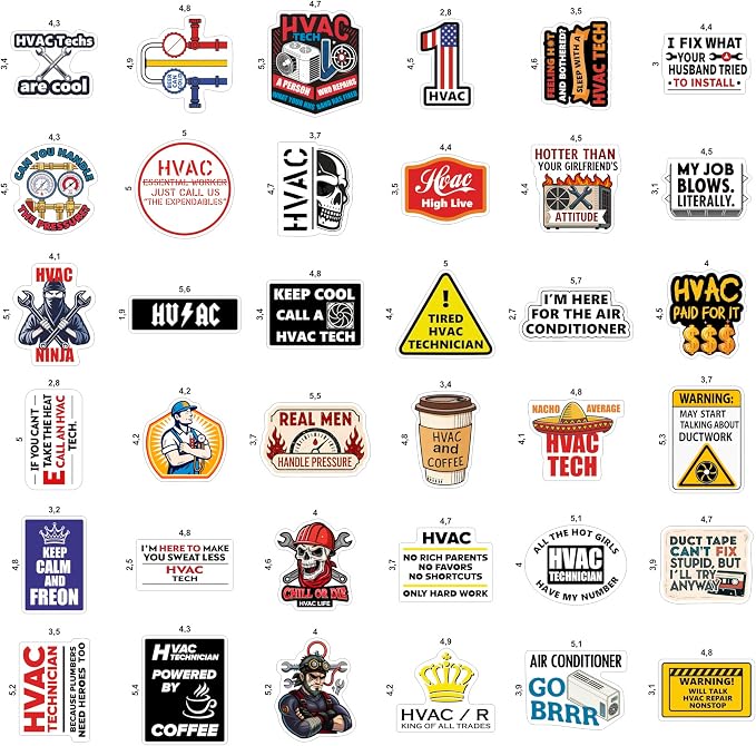 100Pcs HVAC Stickers Hard Hat, Water Bottle, Laptop – HVAC Toolbox Decals – Air Conditioning Stickers - Funny Hard Hat Decals - Gifts for Men & Women