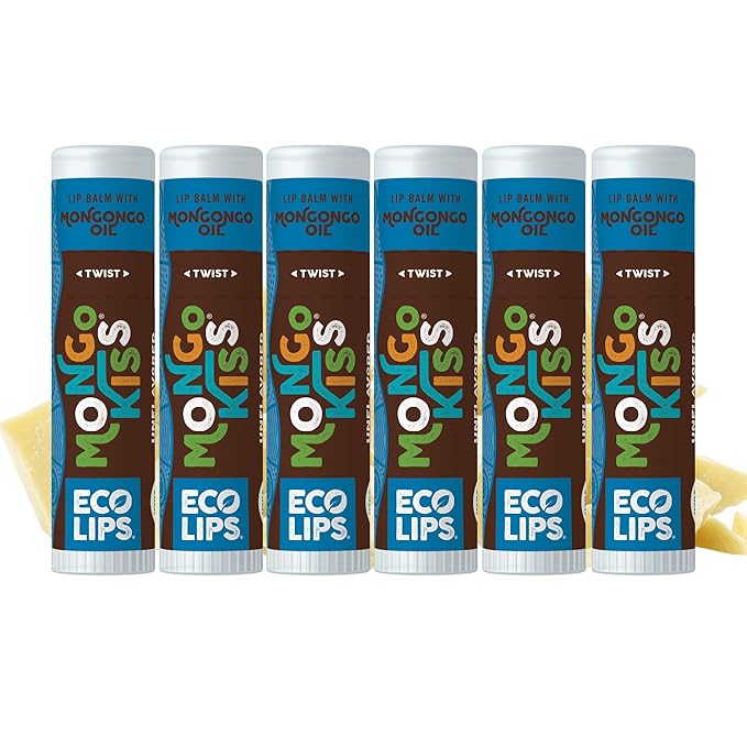 LIP BALM Mongo Kiss 6-Pack by Eco Lips 100% Organic Beeswax & Cocoa Butter Lip Care with Mongongo Oil - Soothe & Moisturize Dry & Cracked Lips - Made in USA. (Unflavored)