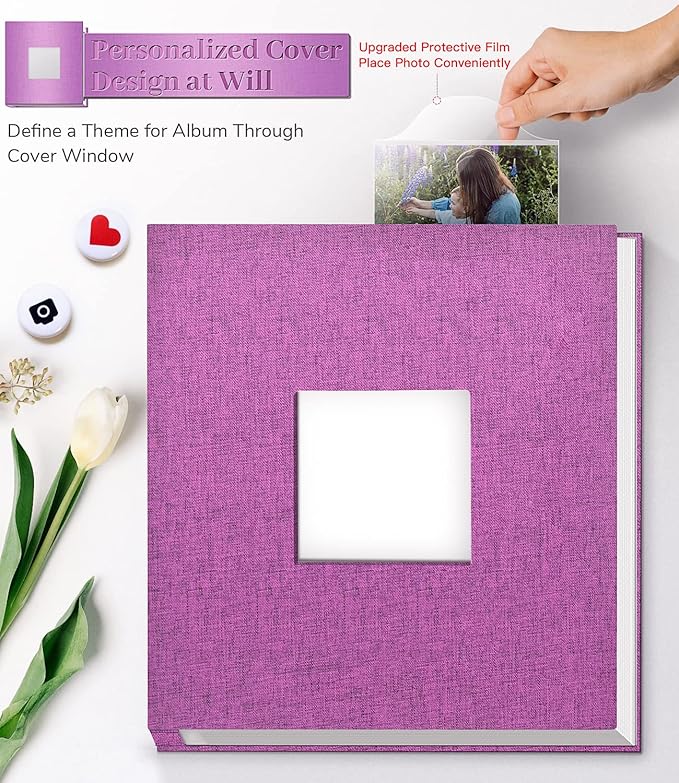 Photo Album Self Adhesive Scrapbook Album for 3x5 4x6 5x7 8x10 Pictures,60 Pages Linen Cover with Display Window DIY Photo Book,Ideal Gifts for Family Travel Wedding Baby