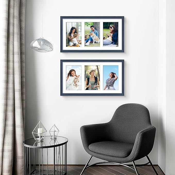 8x14 Collage Picture Frame 4x6 Collage Picture Frame Displays Three 4x6 inch Photos or 8x14 (Without Mat) for Available Horizontal Wall Mounting Display and Vertical Navy Blue