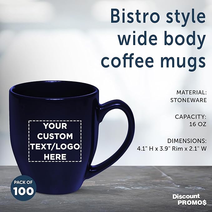 Custom Large Coffee Cups 16 oz. Set of 100, Personalized Bulk Pack - Perfect for Tea, Espresso, Cappuccino, Hot Cocoa - Blue