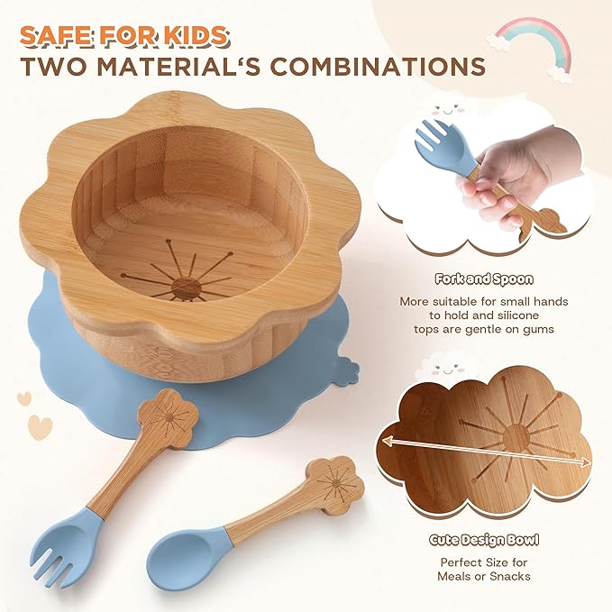 Bamboo Suction Plates Bowls Set for Baby Toddler - Includes Bamboo Bowl, Divided Plate, Silicone Fork & Spoon, All-Natural Baby Feeding Set for Baby-Led Weaning