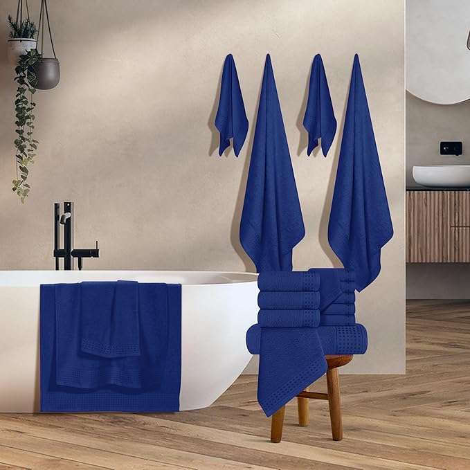 GLAMBURG Towels for Bathroom, 100% Cotton Towel Set, Contains 8 Soft Bath Towel, 8 Hand Towels, 8 Wash Cloths - Compact Absorbent Lightweight & Quickdry - 24 Piece Bathroom Towel Set - Navy Blue