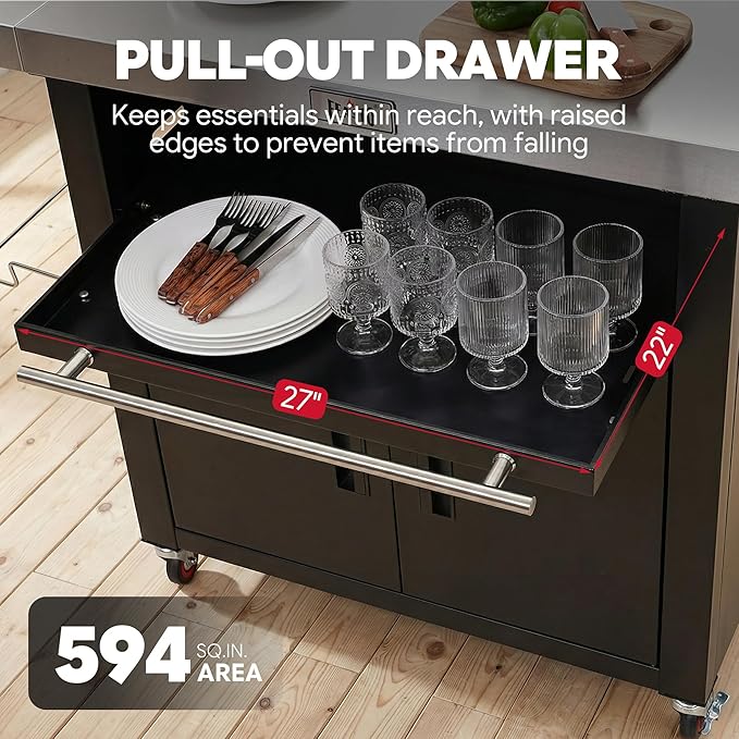 Outdoor Kitchen Island with Cabinet, Outdoor Grill Table with Stainless Steel Top for Pizza Oven& Griddles, Movable Bar Cart with Pull-Out Plate for Parties& Gathering, Heavy-Duty, L74”x W24”