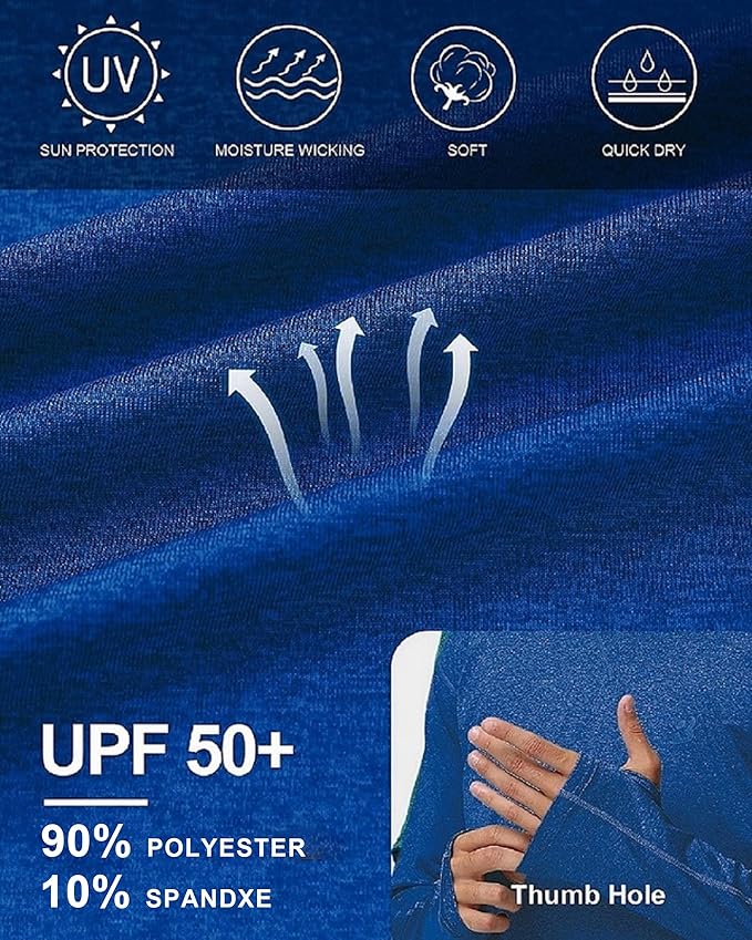 Roadbox Mens UPF 50+ Fishing Shirts, Long Sleeve UV Sun Hoodie, Hiking Running Swim Athletic Workout Shirt