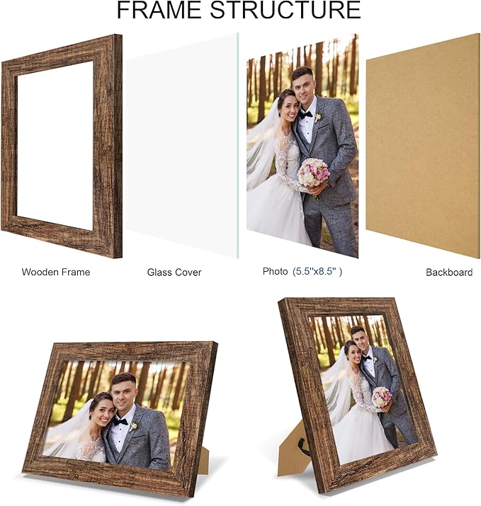 5.5x8.5 Picture Frame Set of 4, Made of Real Glass and Rustic Brown Frame, 5.5 by 8.5 Photo for Wall or Tabletop